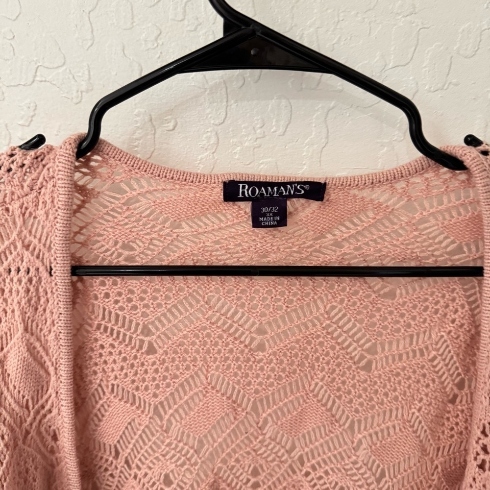 Roaman’s Plus Size Pink Crochet Wide Sleeve Eyelet Knit Cardigan 30/32 - Picture 6 of 7